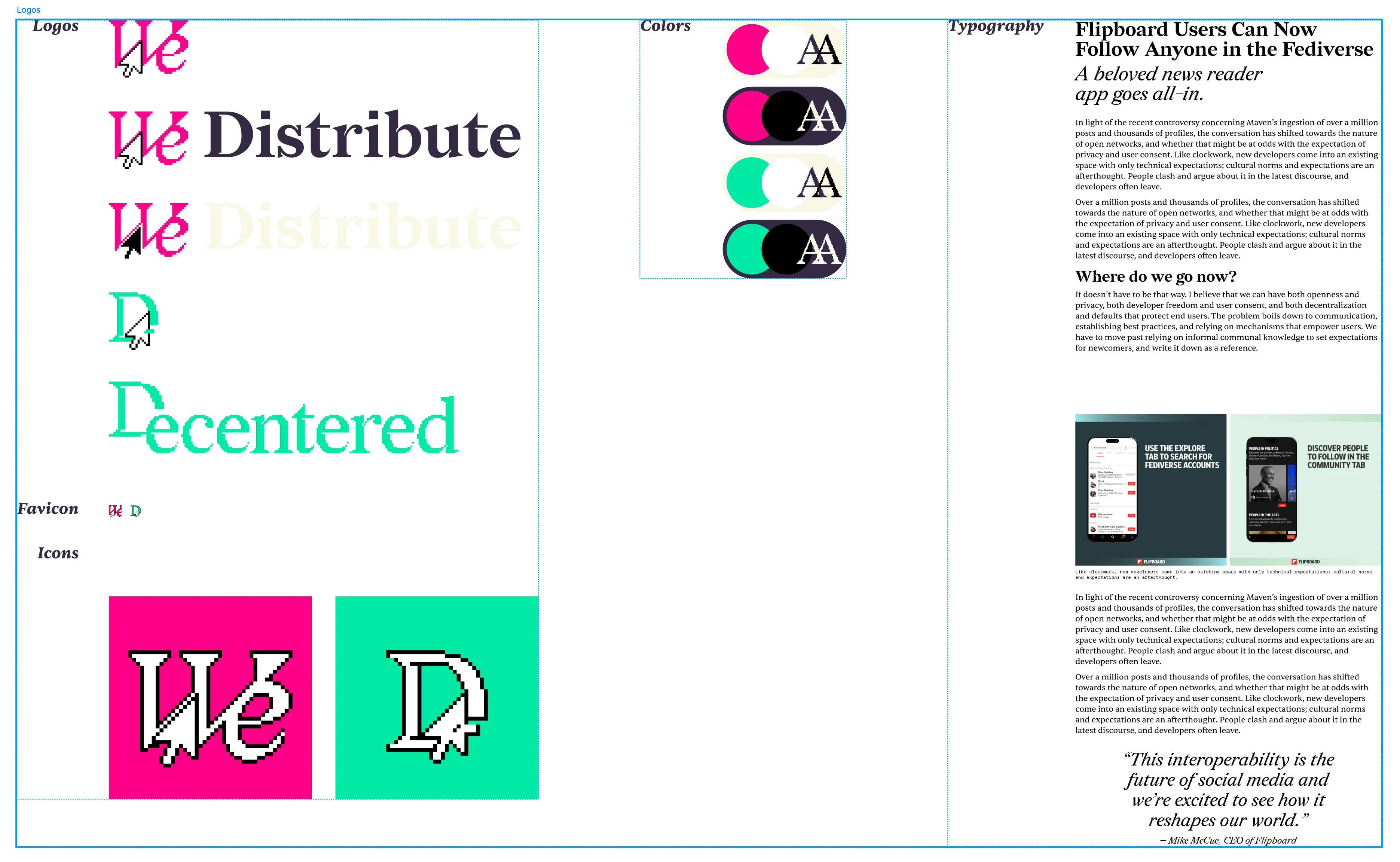 A screenshot of a Figma document including logo assets, colors, and typogrpahy for We Distribute. It includes bight colors and serif typography.