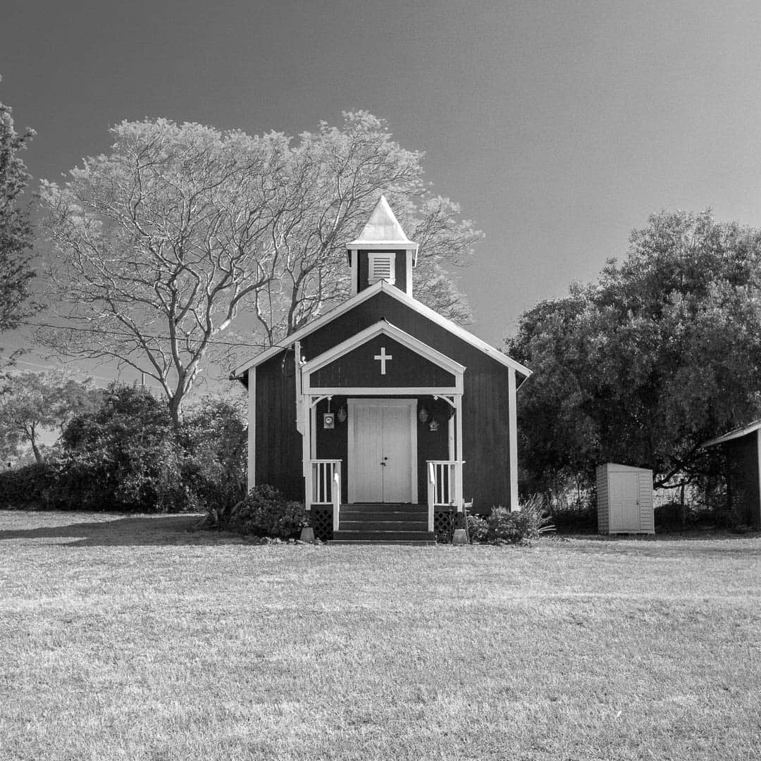 Black and white photo of a church