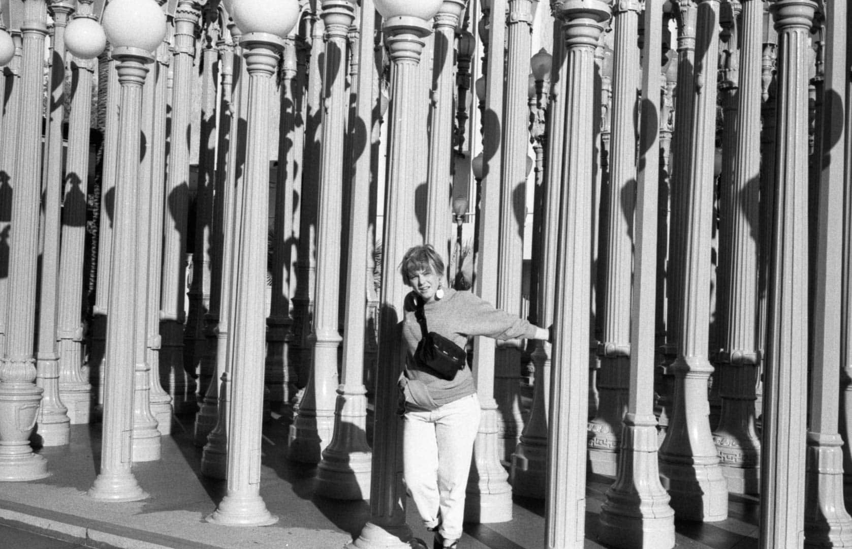 My wife at the street light piece outside LACMA