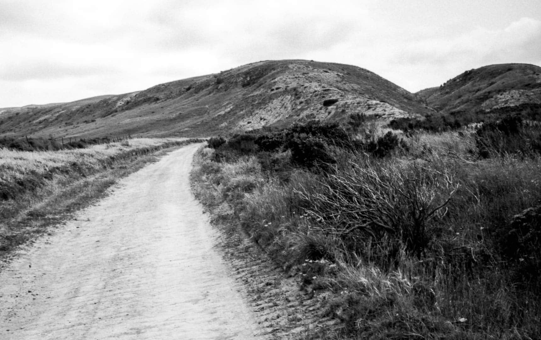 A dirt path through a grassy field leading up to a large hill